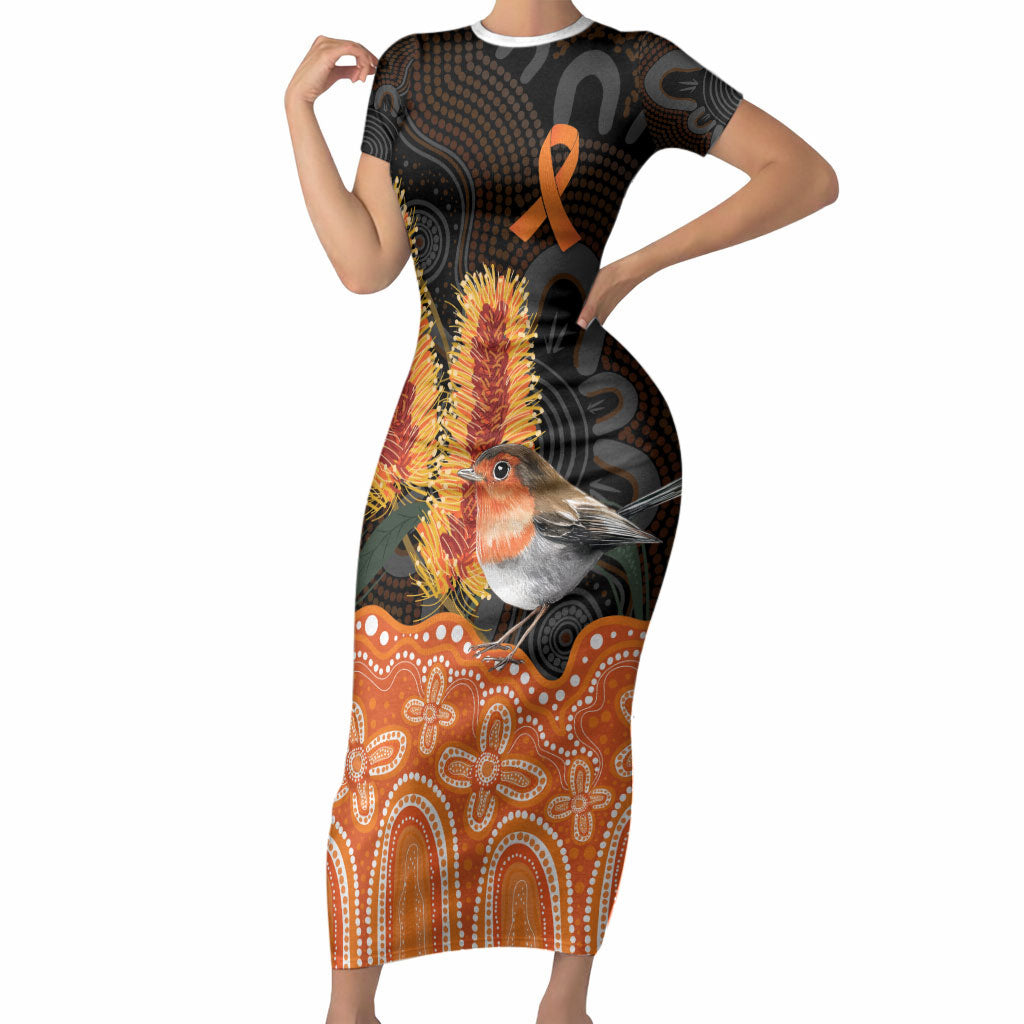 Australia Leukemia Support Short Sleeve Bodycon Dress Flame Robin Bottlebrush Aboriginal Art