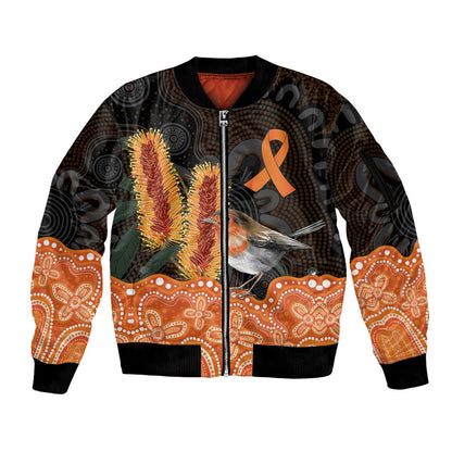Australia Leukemia Support Sleeve Zip Bomber Jacket Flame Robin Bottlebrush Aboriginal Art
