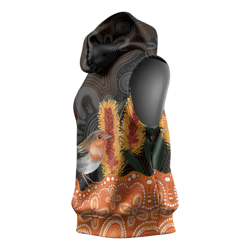 Australia Leukemia Support Sleeveless Hoodie Flame Robin Bottlebrush Aboriginal Art
