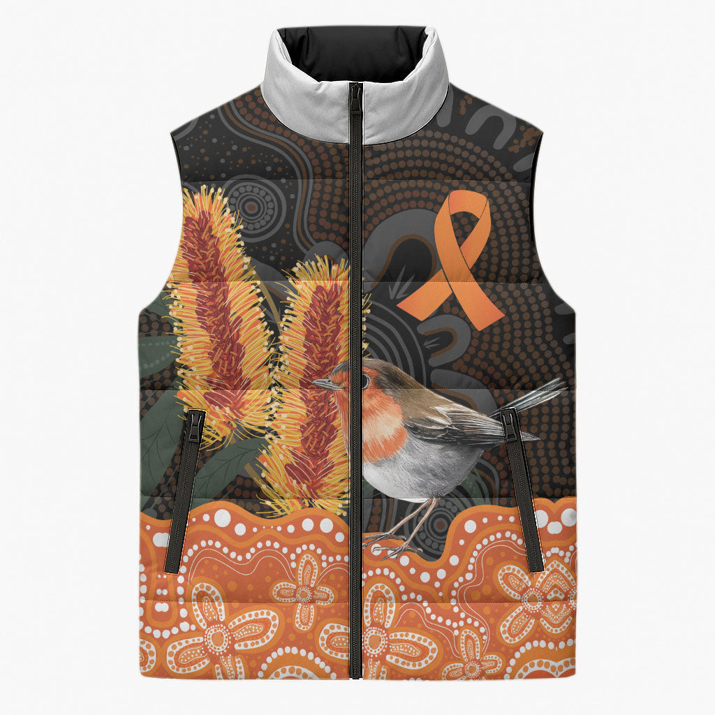 Australia Leukemia Support Sleeveless Puffer Jacket Flame Robin Bottlebrush Aboriginal Art