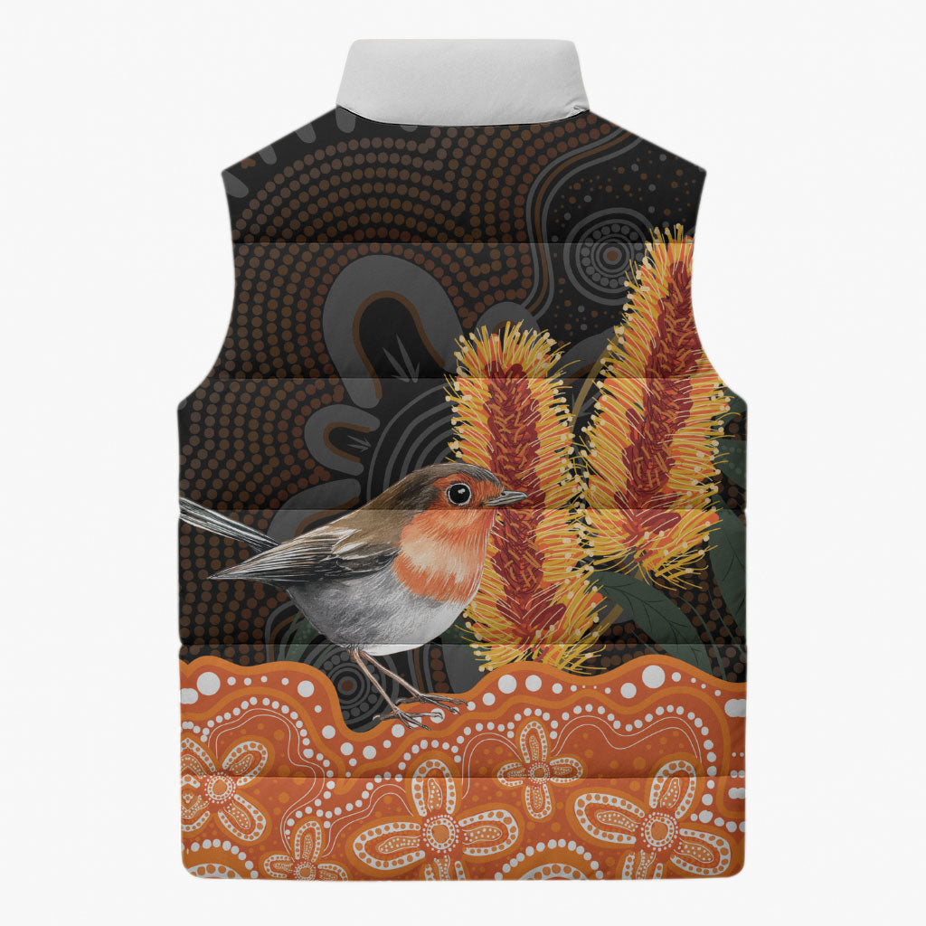 Australia Leukemia Support Sleeveless Puffer Jacket Flame Robin Bottlebrush Aboriginal Art