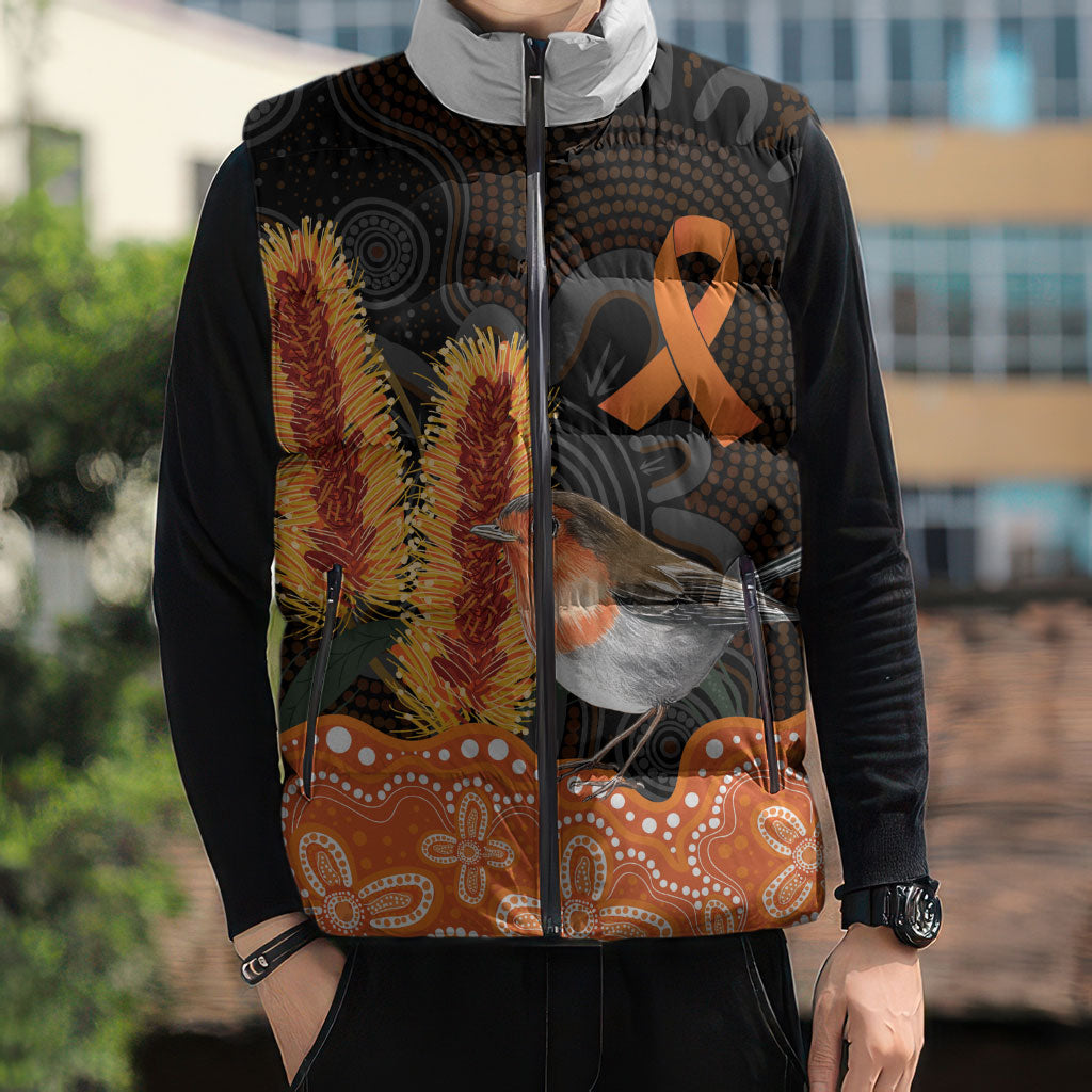 Australia Leukemia Support Sleeveless Puffer Jacket Flame Robin Bottlebrush Aboriginal Art