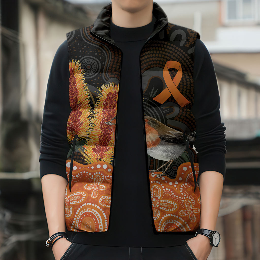 Australia Leukemia Support Sleeveless Puffer Jacket Flame Robin Bottlebrush Aboriginal Art