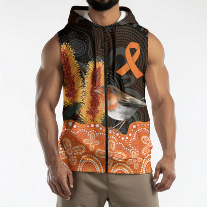 Australia Leukemia Support Sleeveless Zip Hoodie Flame Robin Bottlebrush Aboriginal Art
