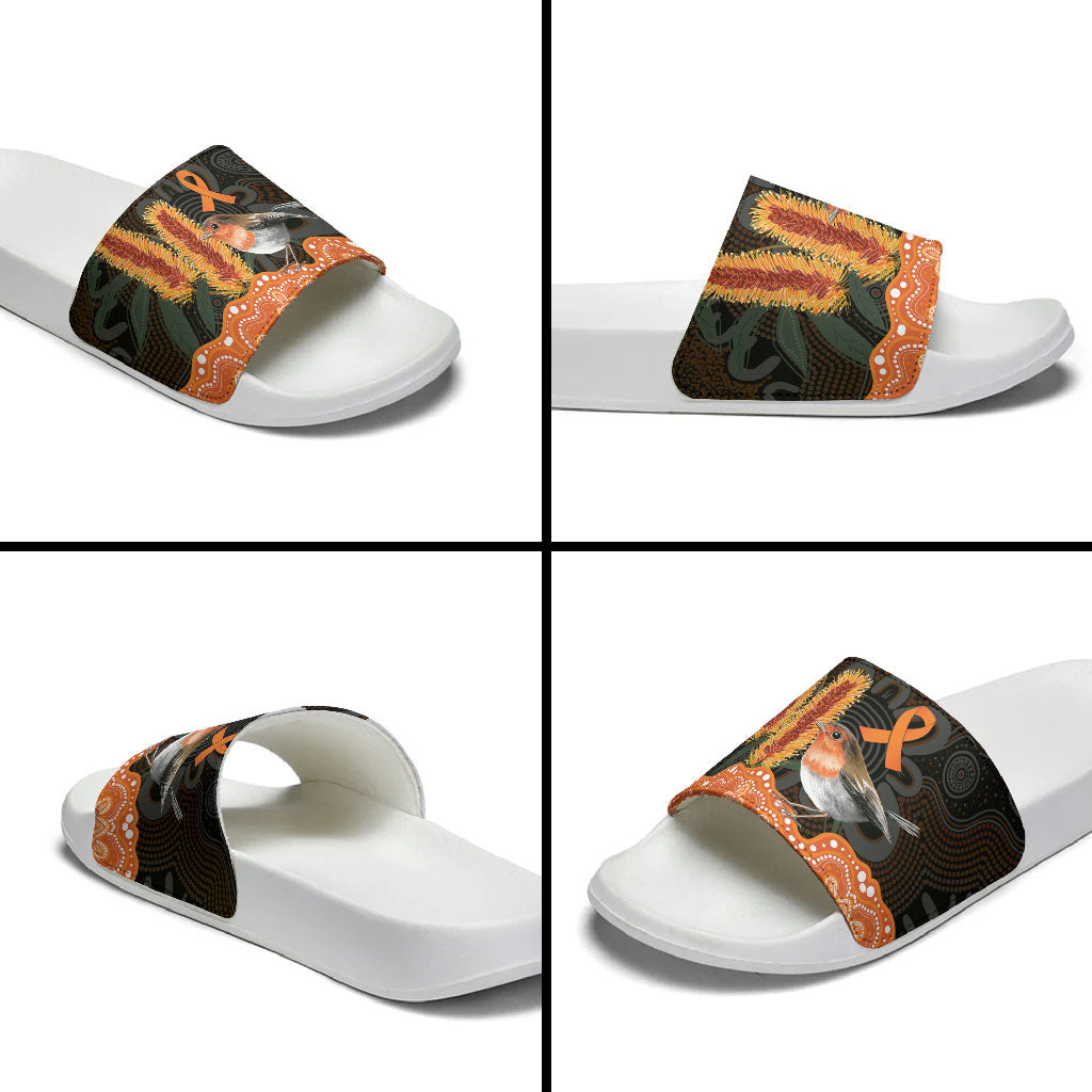Australia Leukemia Support Slide Sandals Flame Robin Bottlebrush Aboriginal Art