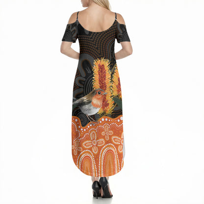 Australia Leukemia Support Summer Maxi Dress Flame Robin Bottlebrush Aboriginal Art