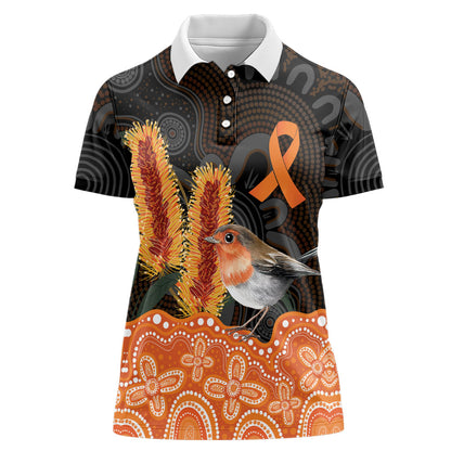 Australia Leukemia Support Women Polo Shirt Flame Robin Bottlebrush Aboriginal Art