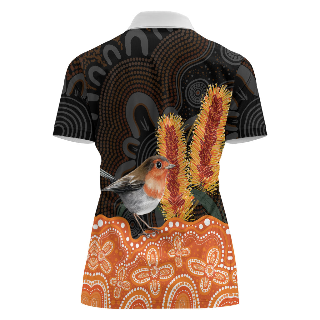 Australia Leukemia Support Women Polo Shirt Flame Robin Bottlebrush Aboriginal Art