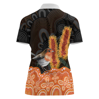 Australia Leukemia Support Women Polo Shirt Flame Robin Bottlebrush Aboriginal Art