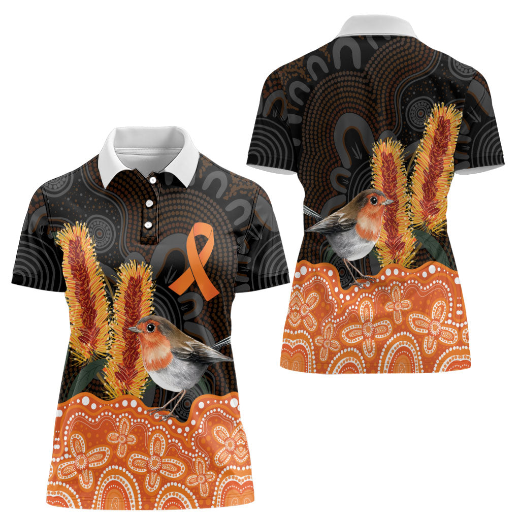 Australia Leukemia Support Women Polo Shirt Flame Robin Bottlebrush Aboriginal Art
