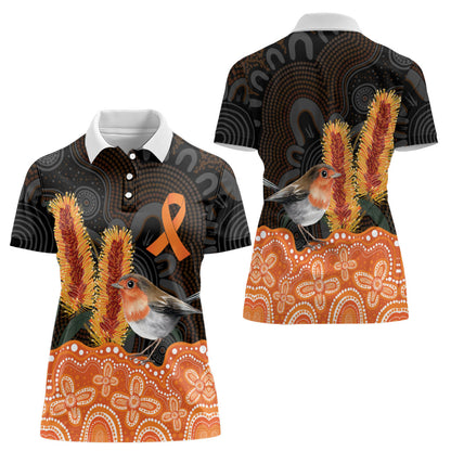 Australia Leukemia Support Women Polo Shirt Flame Robin Bottlebrush Aboriginal Art