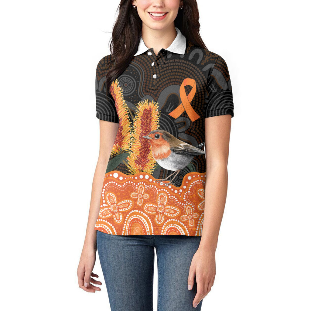 Australia Leukemia Support Women Polo Shirt Flame Robin Bottlebrush Aboriginal Art