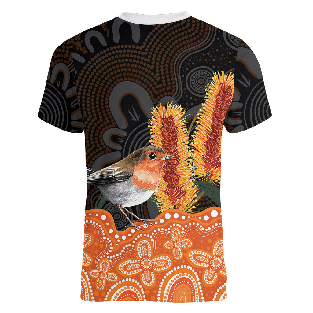 Australia Leukemia Support Women V-Neck T-Shirt Flame Robin Bottlebrush Aboriginal Art