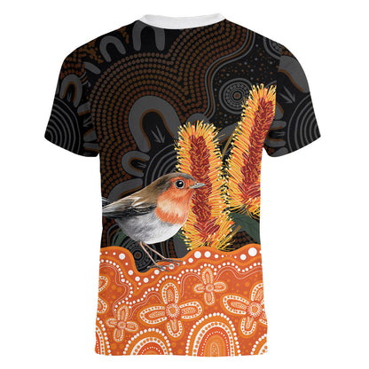 Australia Leukemia Support Women V-Neck T-Shirt Flame Robin Bottlebrush Aboriginal Art
