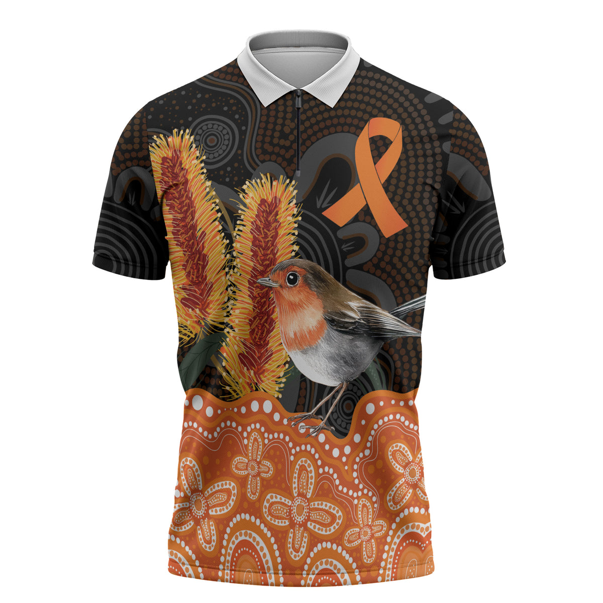 Australia Leukemia Support Zipper Polo Shirt Flame Robin Bottlebrush Aboriginal Art