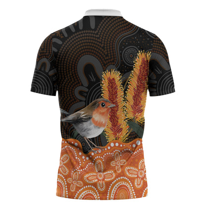 Australia Leukemia Support Zipper Polo Shirt Flame Robin Bottlebrush Aboriginal Art