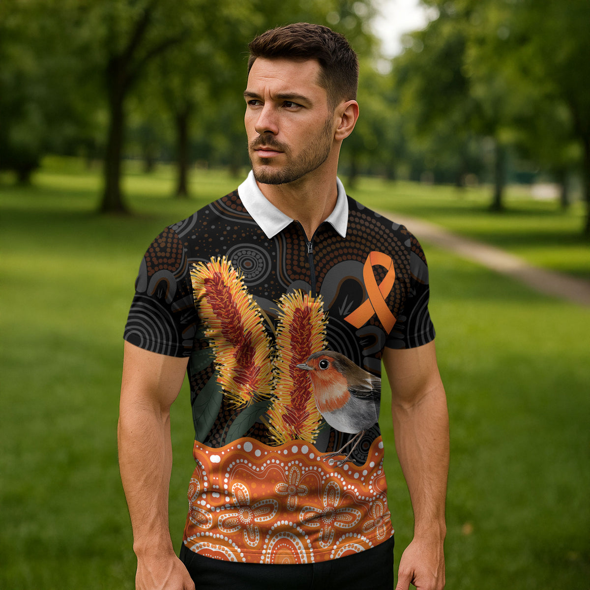 Australia Leukemia Support Zipper Polo Shirt Flame Robin Bottlebrush Aboriginal Art