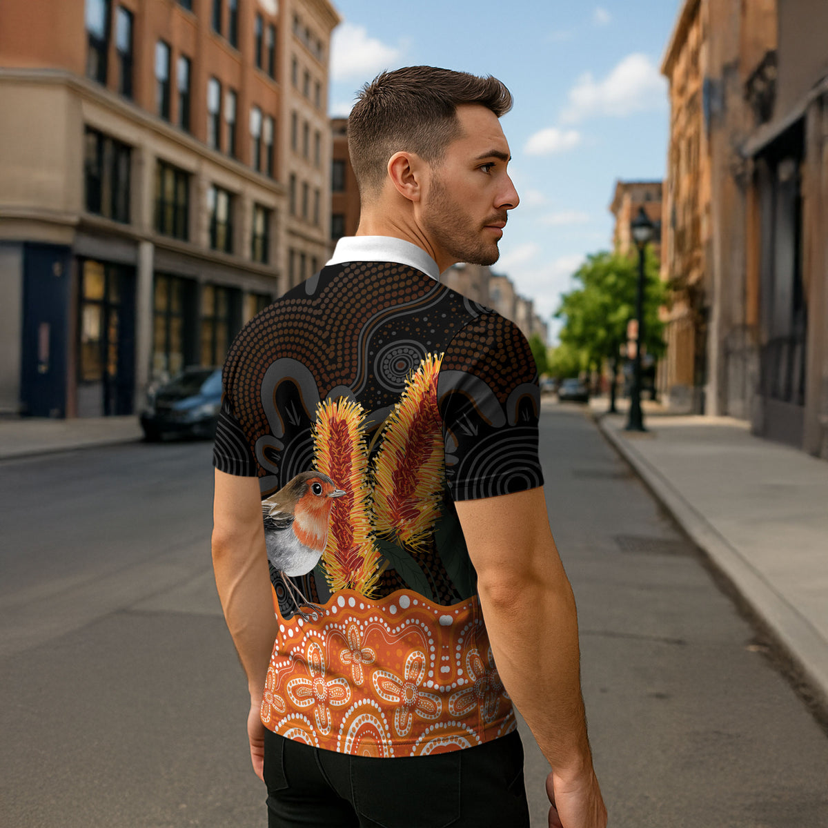 Australia Leukemia Support Zipper Polo Shirt Flame Robin Bottlebrush Aboriginal Art