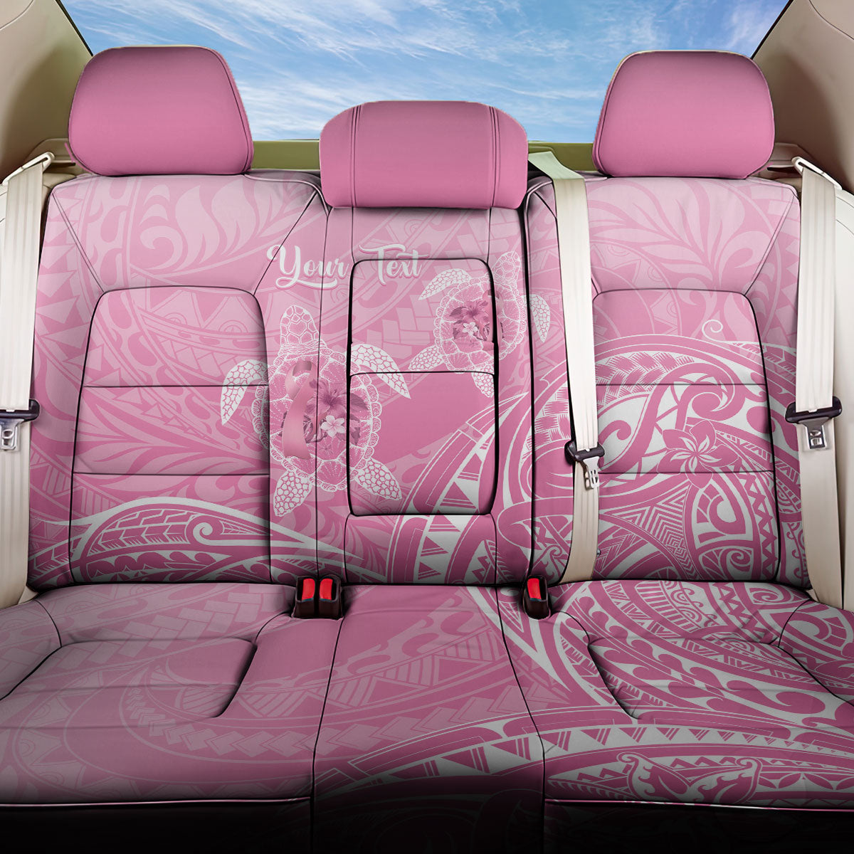 Personalised Polynesia Breast Cancer Support Back Car Seat Cover No One Fights Alone Turtle Ribbon Pink