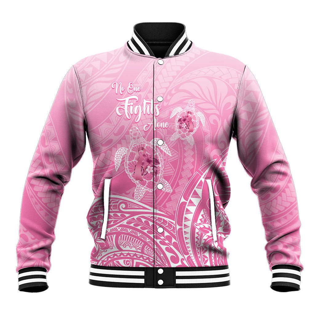 Personalised Polynesia Breast Cancer Support Baseball Jacket No One Fights Alone Turtle Ribbon Pink