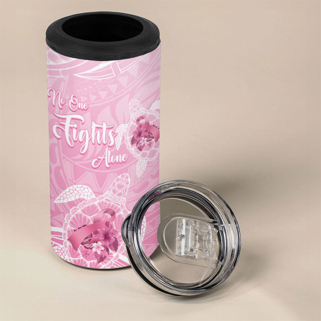 Personalised Polynesia Breast Cancer Support 4 in 1 Can Cooler Tumbler No One Fights Alone Turtle Ribbon Pink