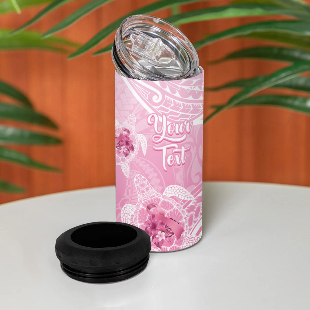 Personalised Polynesia Breast Cancer Support 4 in 1 Can Cooler Tumbler No One Fights Alone Turtle Ribbon Pink