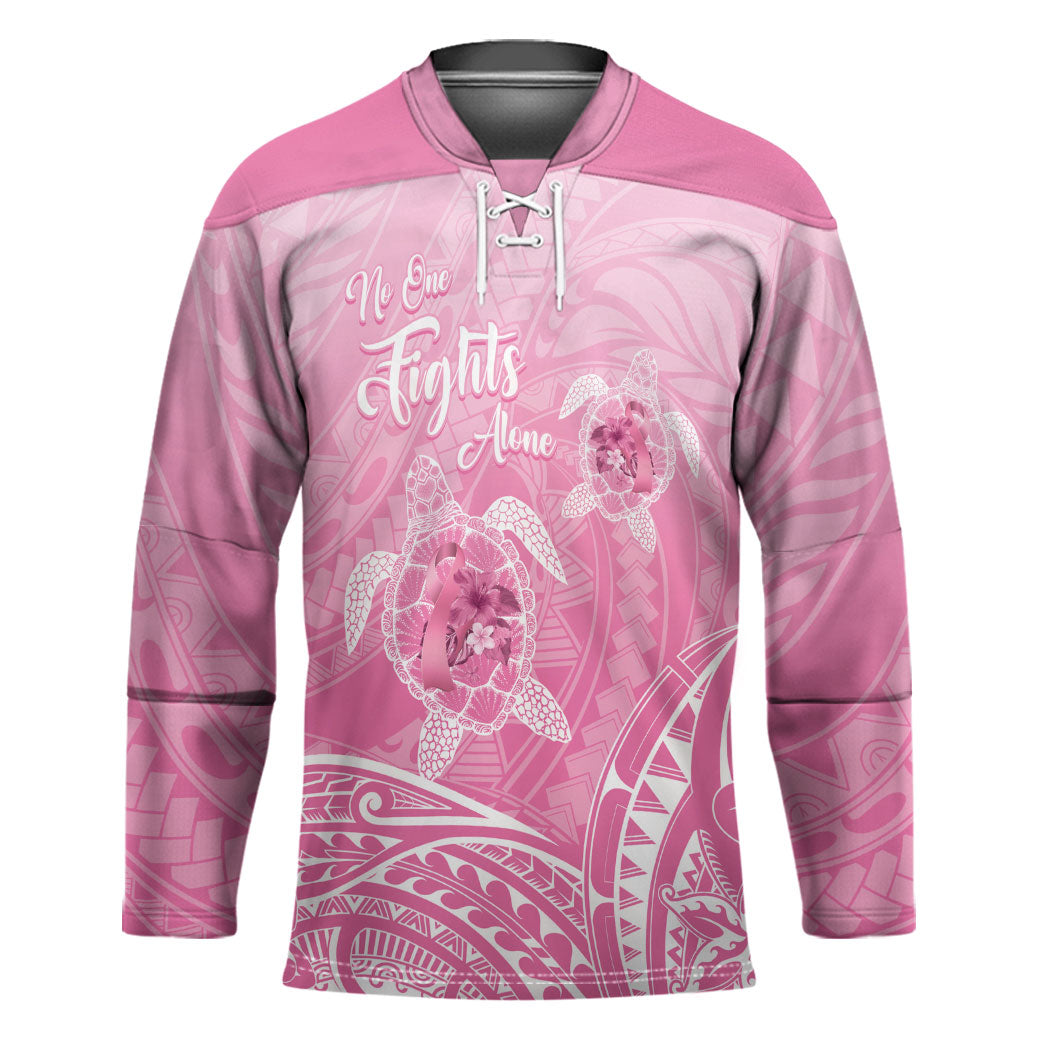 Personalised Polynesia Breast Cancer Support Hockey Jersey No One Fights Alone Turtle Ribbon Pink