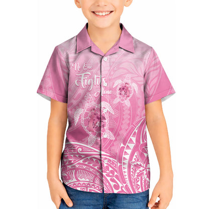 Personalised Polynesia Breast Cancer Support Kid Hawaiian Shirt No One Fights Alone Turtle Ribbon Pink