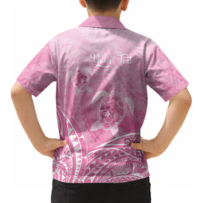 Personalised Polynesia Breast Cancer Support Kid Hawaiian Shirt No One Fights Alone Turtle Ribbon Pink