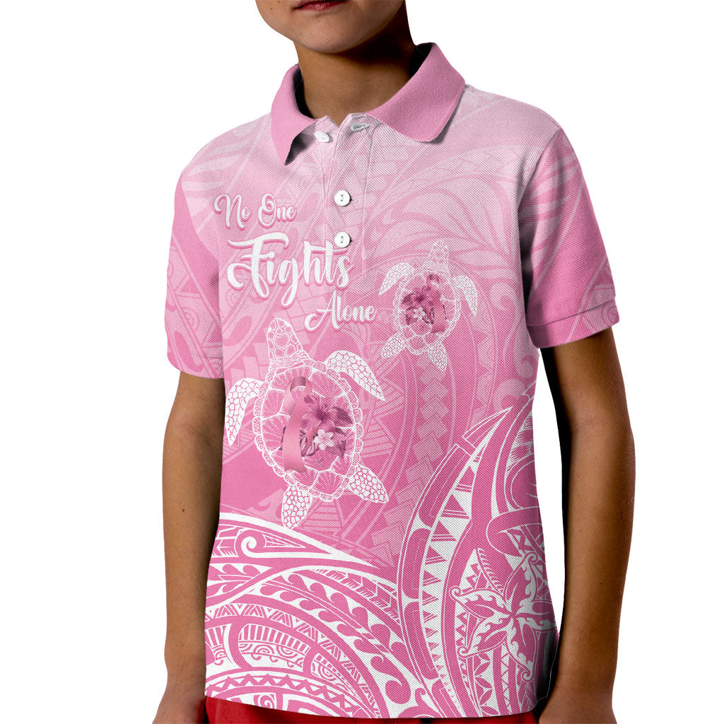 Personalised Polynesia Breast Cancer Support Kid Polo Shirt No One Fights Alone Turtle Ribbon Pink