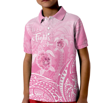 Personalised Polynesia Breast Cancer Support Kid Polo Shirt No One Fights Alone Turtle Ribbon Pink