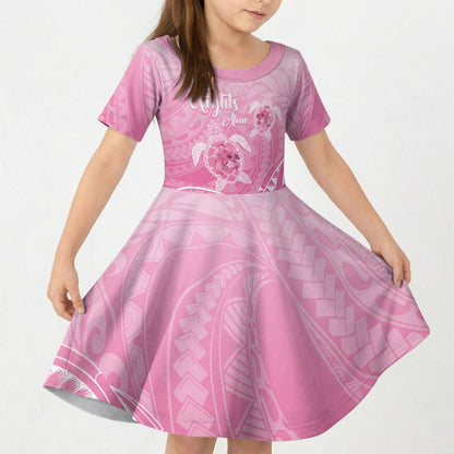 Personalised Polynesia Breast Cancer Support Kid Short Sleeve Dress No One Fights Alone Turtle Ribbon Pink