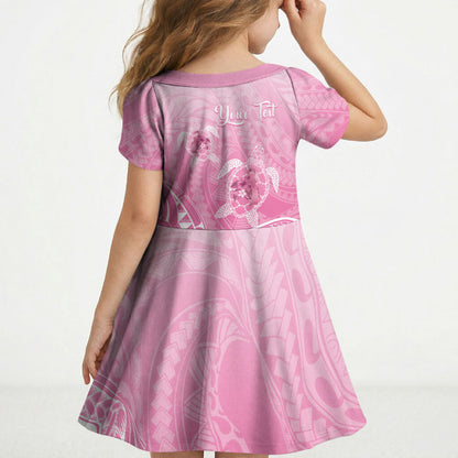Personalised Polynesia Breast Cancer Support Kid Short Sleeve Dress No One Fights Alone Turtle Ribbon Pink