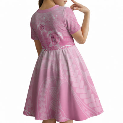 Personalised Polynesia Breast Cancer Support Kid Short Sleeve Dress No One Fights Alone Turtle Ribbon Pink
