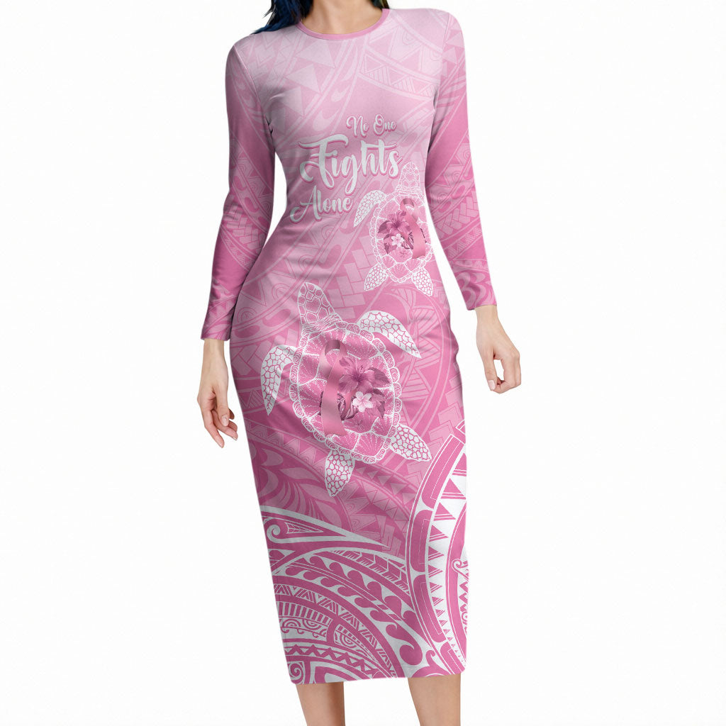 Personalised Polynesia Breast Cancer Support Long Sleeve Bodycon Dress No One Fights Alone Turtle Ribbon Pink