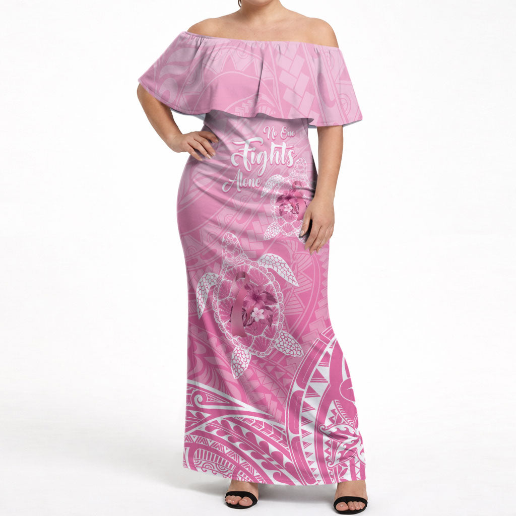 Personalised Polynesia Breast Cancer Support Off Shoulder Maxi Dress No One Fights Alone Turtle Ribbon Pink