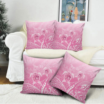 Personalised Polynesia Breast Cancer Support Pillow Cover No One Fights Alone Turtle Ribbon Pink