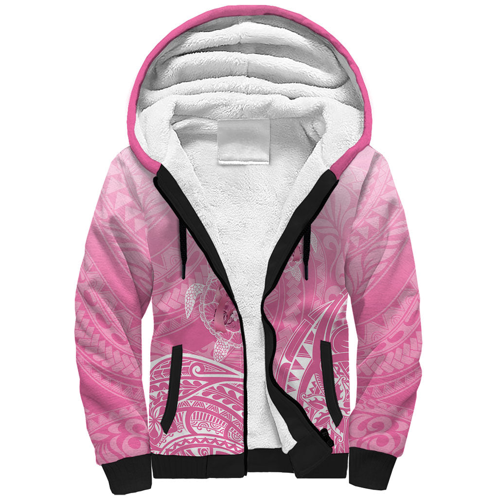 Personalised Polynesia Breast Cancer Support Sherpa Hoodie No One Fights Alone Turtle Ribbon Pink