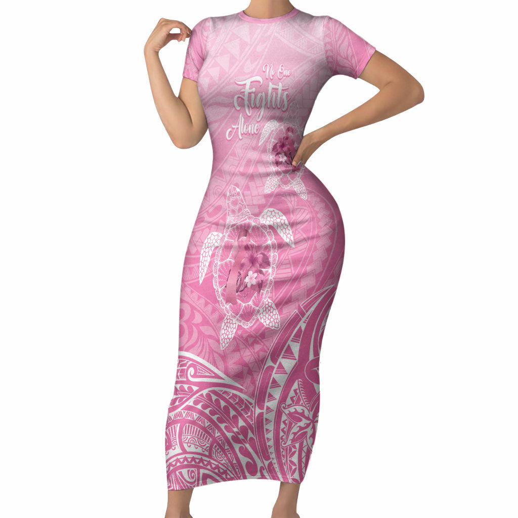 Personalised Polynesia Breast Cancer Support Short Sleeve Bodycon Dress No One Fights Alone Turtle Ribbon Pink