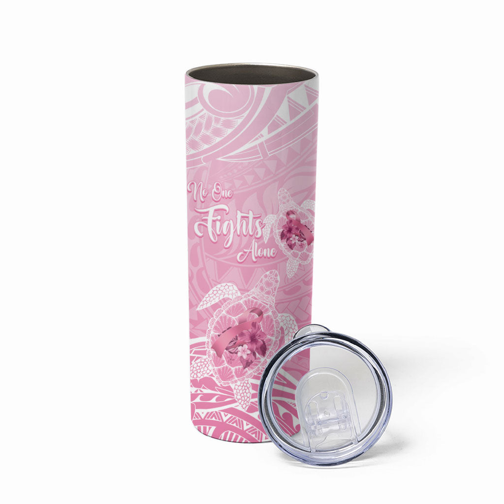 Personalised Polynesia Breast Cancer Support Skinny Tumbler No One Fights Alone Turtle Ribbon Pink