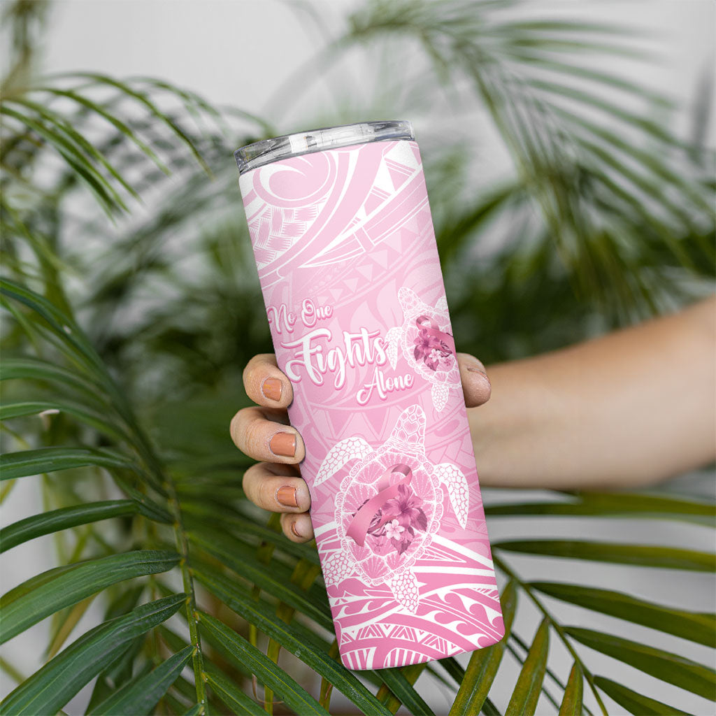 Personalised Polynesia Breast Cancer Support Skinny Tumbler No One Fights Alone Turtle Ribbon Pink