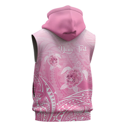 Personalised Polynesia Breast Cancer Support Sleeveless Hoodie No One Fights Alone Turtle Ribbon Pink