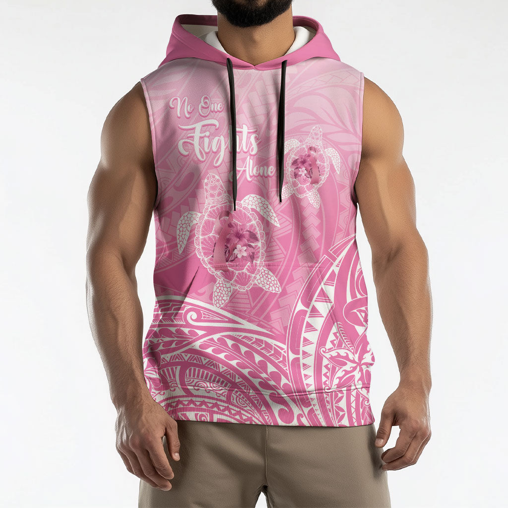 Personalised Polynesia Breast Cancer Support Sleeveless Hoodie No One Fights Alone Turtle Ribbon Pink