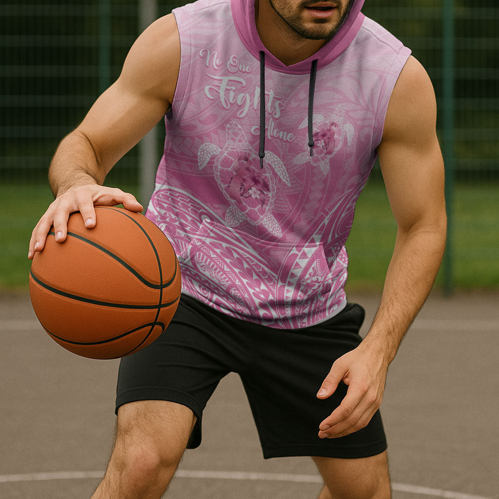Personalised Polynesia Breast Cancer Support Sleeveless Hoodie No One Fights Alone Turtle Ribbon Pink