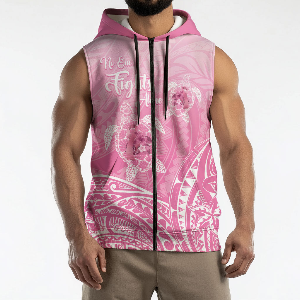 Personalised Polynesia Breast Cancer Support Sleeveless Zip Hoodie No One Fights Alone Turtle Ribbon Pink