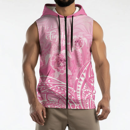 Personalised Polynesia Breast Cancer Support Sleeveless Zip Hoodie No One Fights Alone Turtle Ribbon Pink