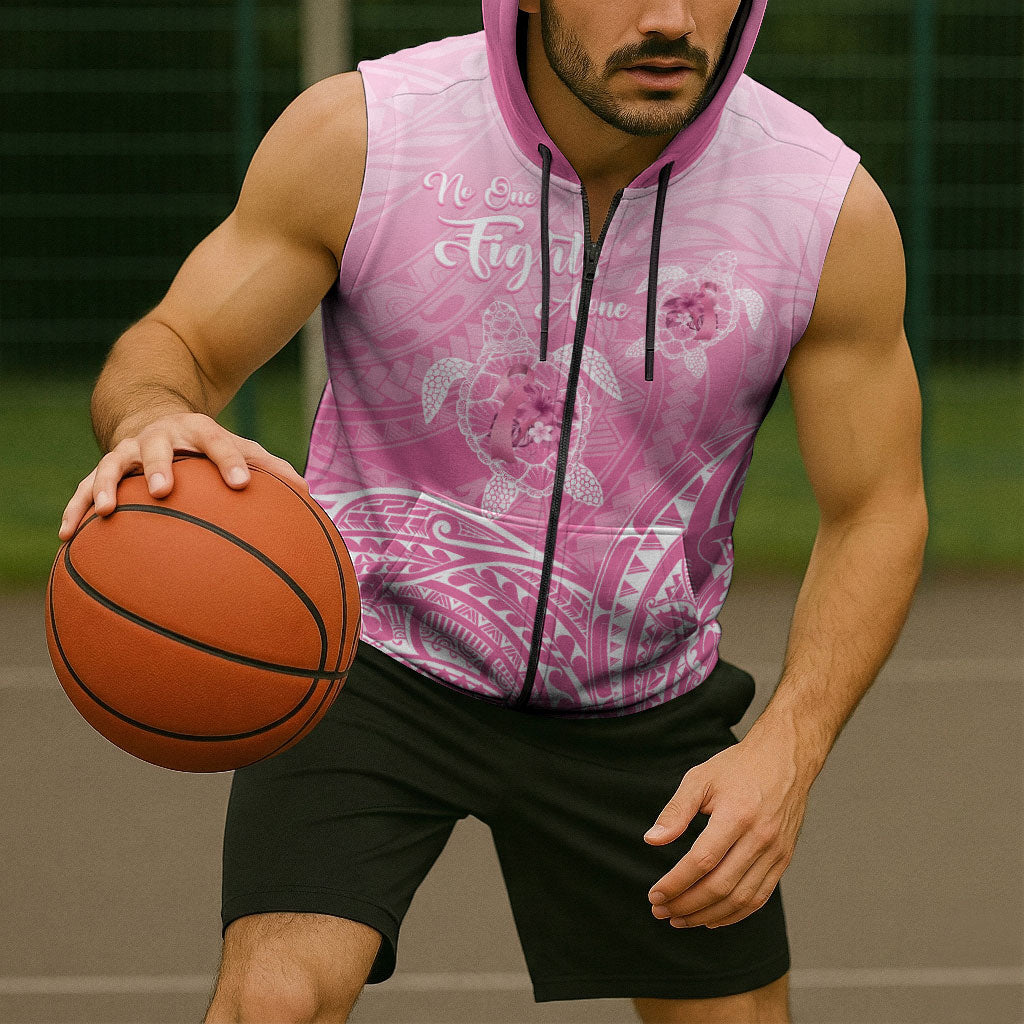 Personalised Polynesia Breast Cancer Support Sleeveless Zip Hoodie No One Fights Alone Turtle Ribbon Pink
