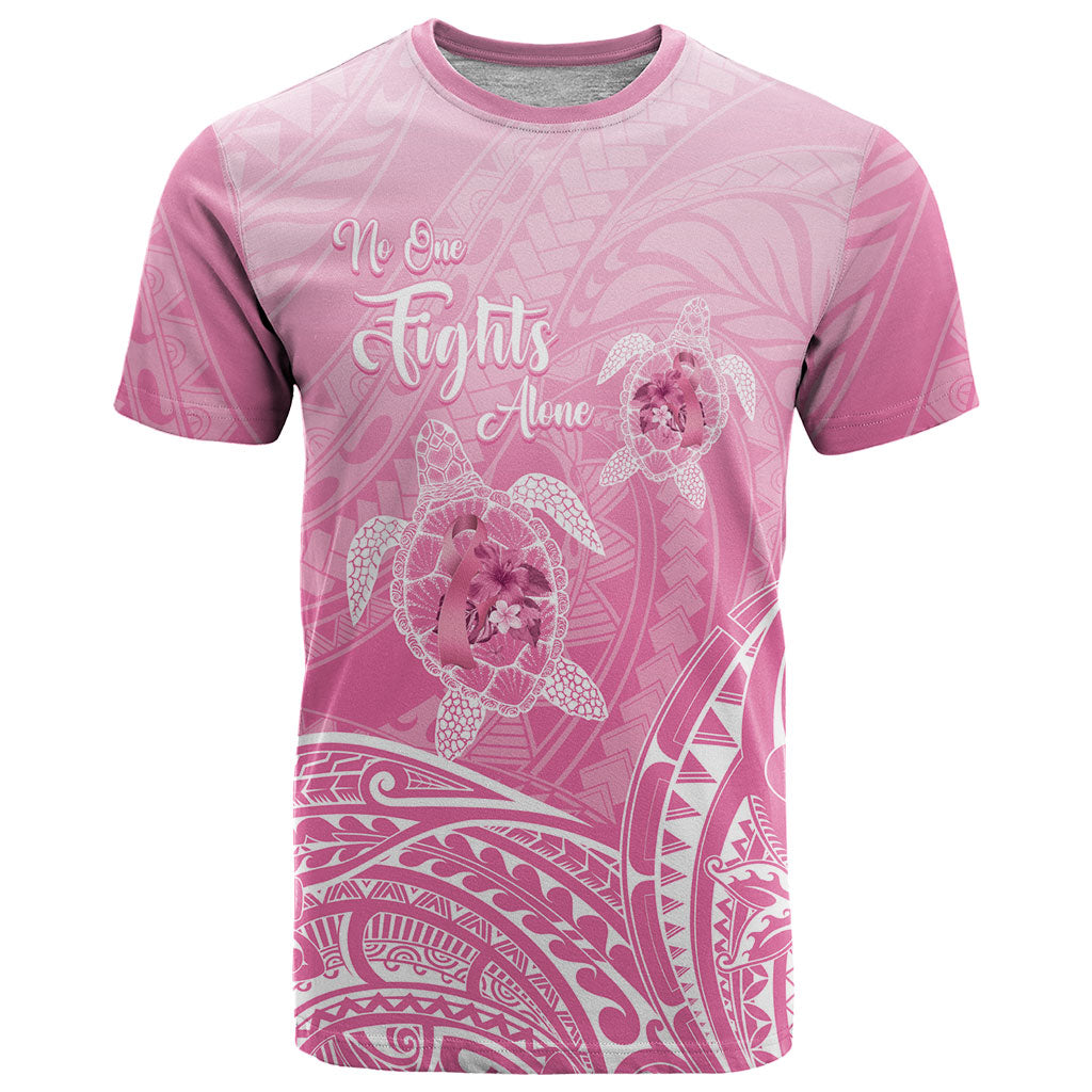 Personalised Polynesia Breast Cancer Support T Shirt No One Fights Alone Turtle Ribbon Pink