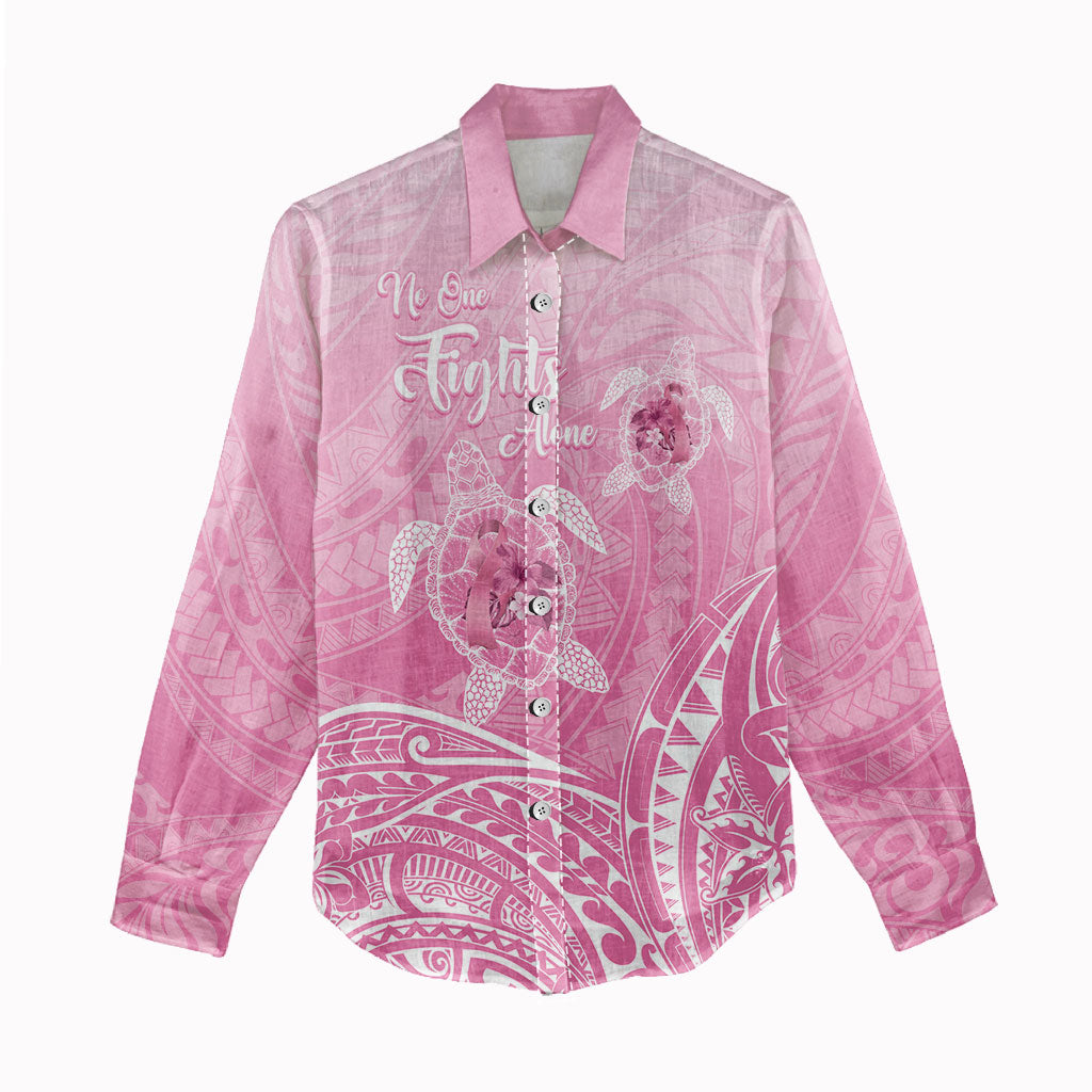 Personalised Polynesia Breast Cancer Support Women Casual Shirt No One Fights Alone Turtle Ribbon Pink
