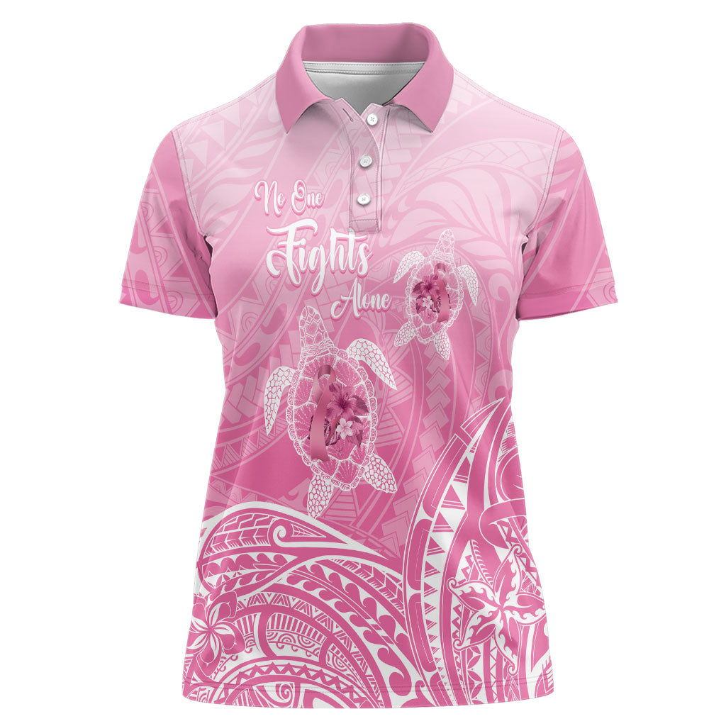 Personalised Polynesia Breast Cancer Support Women Polo Shirt No One Fights Alone Turtle Ribbon Pink